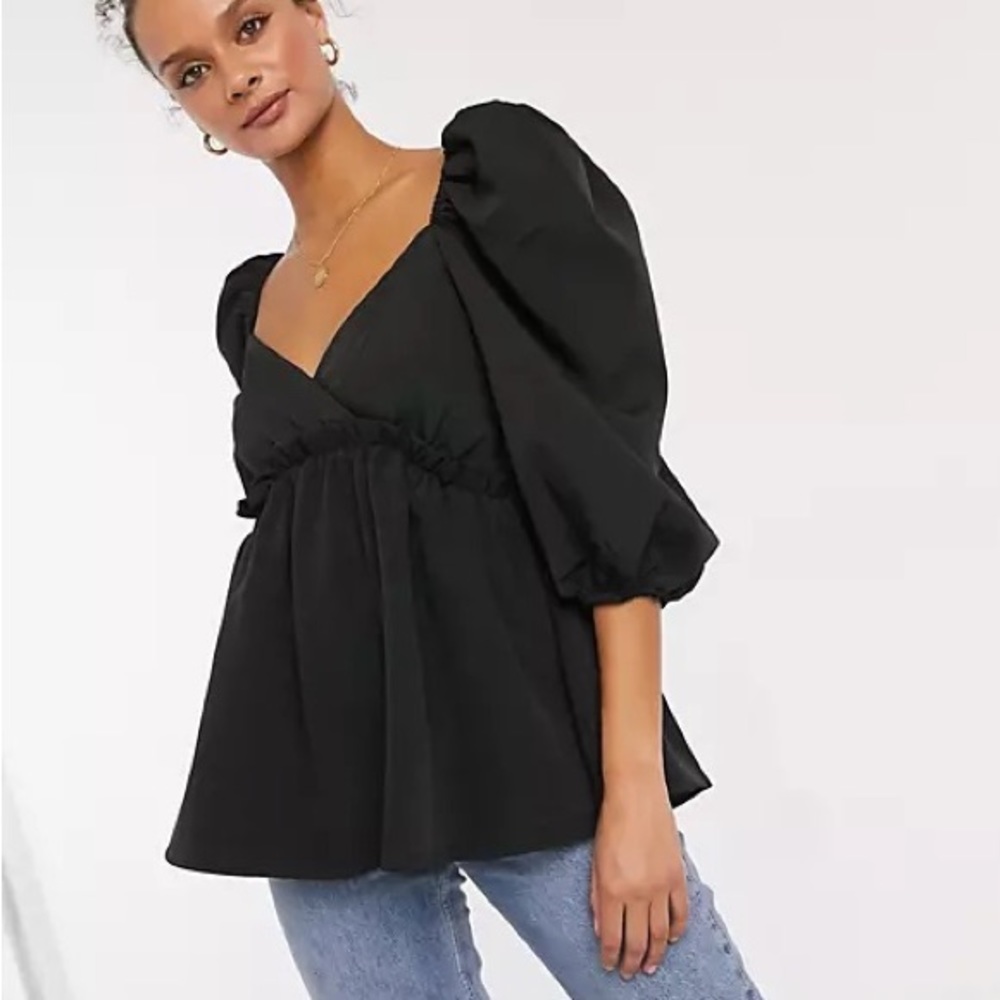 In The Style Lorna Luxe Black Puff Sleeve Top NWOT